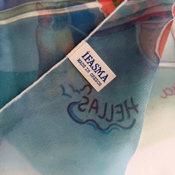 Ifasma Scarf Made In Greece Greek Village Kos Isles Cat Azure Design Rectangle - Picture 6 of 10